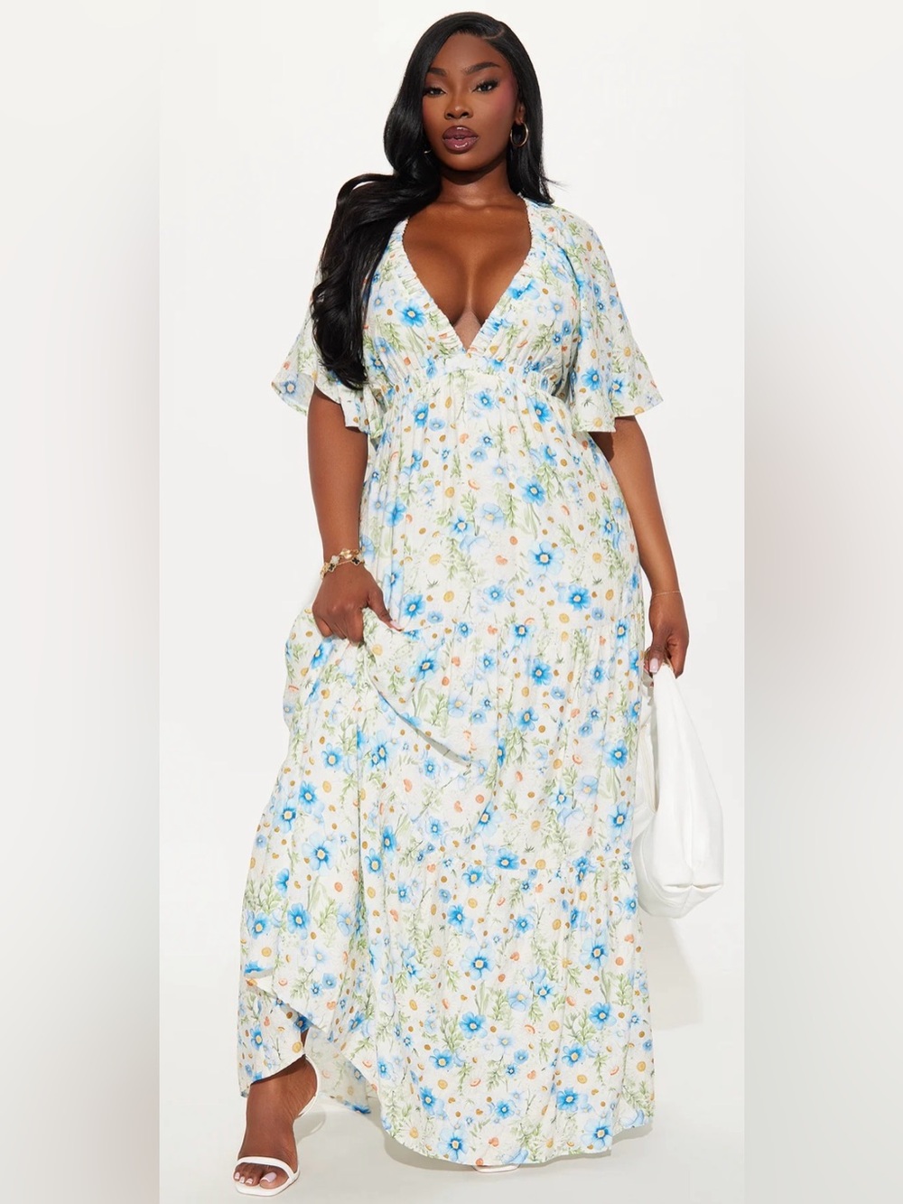Fashion Nova White Floral Maxi Dress with Blue & Green Accents